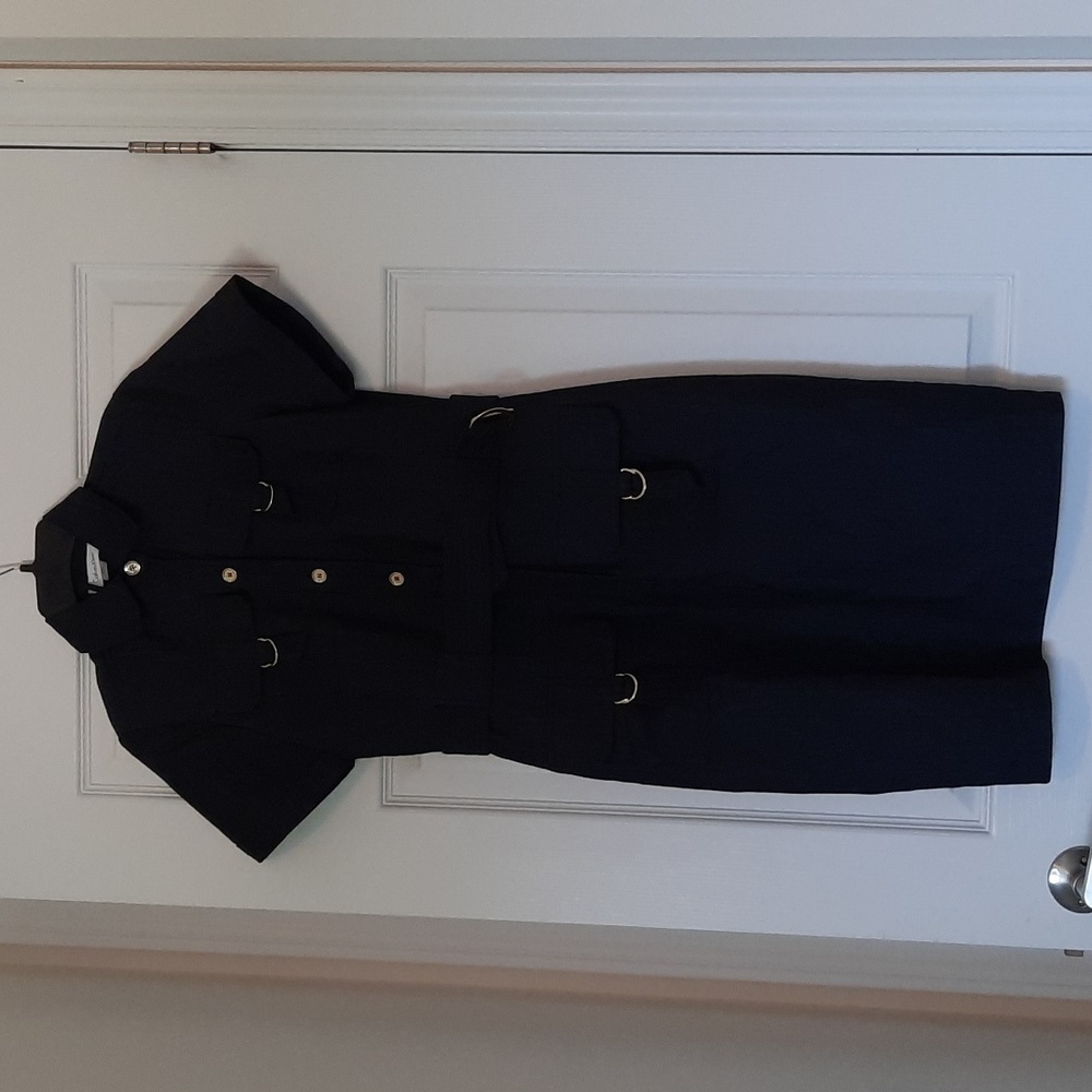 C.K. Navy Blue Dress with Gold C.K. Monogram Buttons and DD Buckles. Size 2  NWT